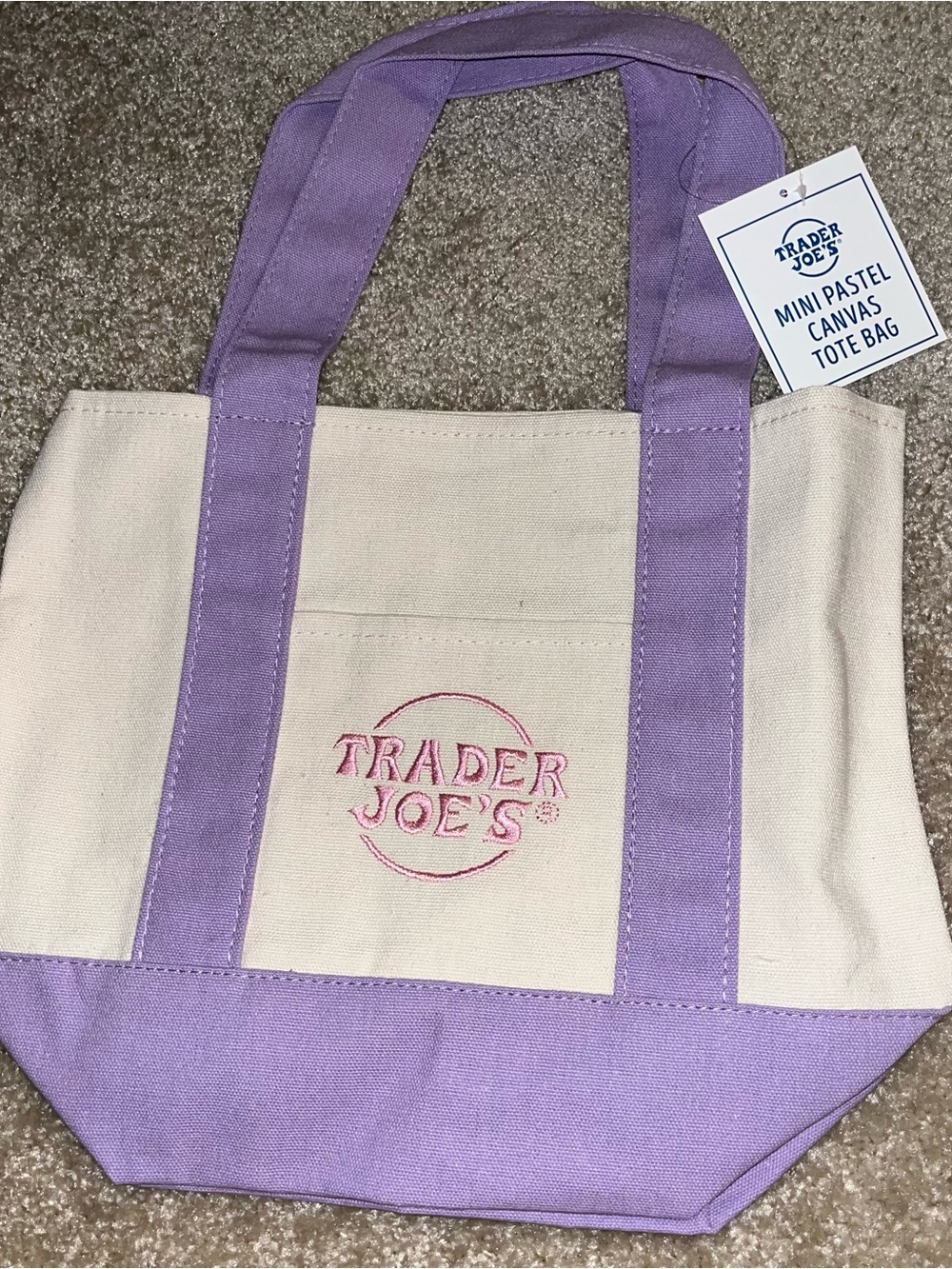 *NWT* Trader Joe’s Mini Pastel Canvas Tote Bag - Cream with Lavender Accents